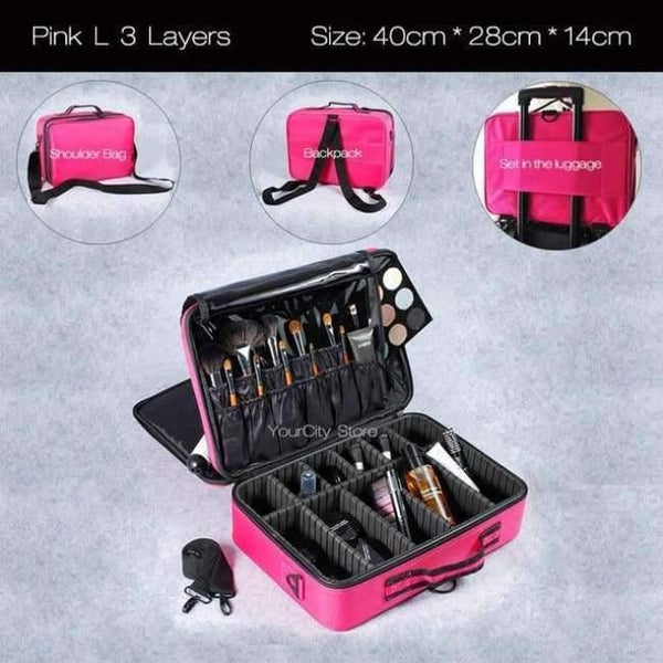 Planet Gates Pink L 3 Layers Fashion Cosmetic Bag Travel Makeup Organizer Professional Make Up Box Cosmetics Pouch Bags Beauty Case For Makeup Artist