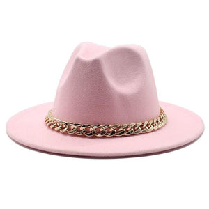 Planet Gates Pink / L(58-60cm) American Big Chain Fedoras Faux Woolen Brim Felt Cap Jazz Men Women Hat