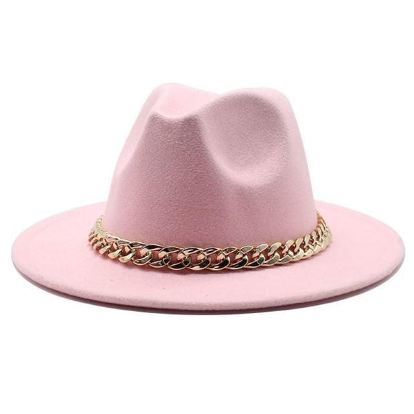 Planet Gates Pink / L(58-60cm) American Big Chain Fedoras Faux Woolen Brim Felt Cap Jazz Men Women Hat