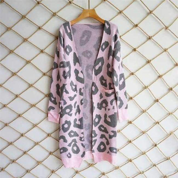 Planet Gates Pink / L Autumn Winter Leopard Print Knitted Long Cardigan Women 2018 Casual Style Pocket Open Stitch Sweater Tops Outwear Jumper