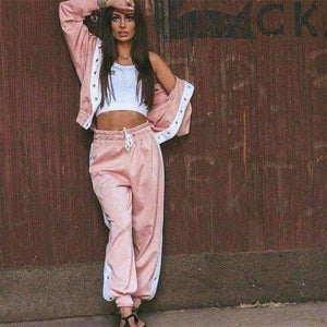 Planet Gates Pink / L Autumn Winter Women's Sets 2 Pieces Set Hoodies Loose Pant Tracksuit Side Stripe with Button Side Split Women Fitness Wear