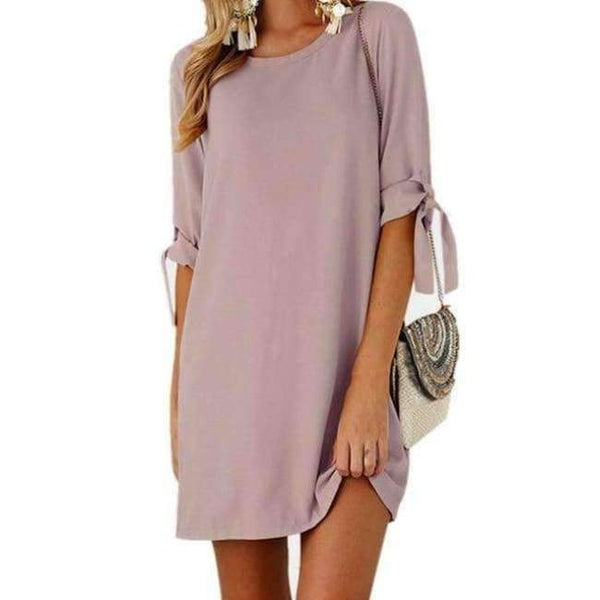 Planet Gates Pink / L Beach Summer Women Casual Solid Dresses Half Sleeve Short Vestidos Ladies Elegant Party Bow Tie Loose Scoop Neck Mini Dress