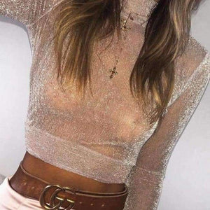 Planet Gates Pink / L Fashion Women T Shirt See Through Mesh Cropped Tops tshirt 2017 Transparent Turtleneck Long Sleeve Tee Tops blusa Casual