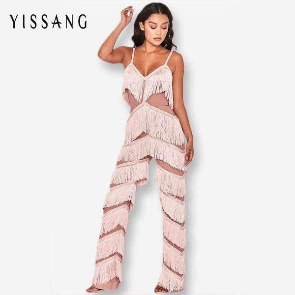 Planet Gates Pink / L Pink Red Tassel Long Backless Jumpsuits For Women 2018 Spaghetti Strap Summer Womens Rompers Sexy Elegant Jumpsuit