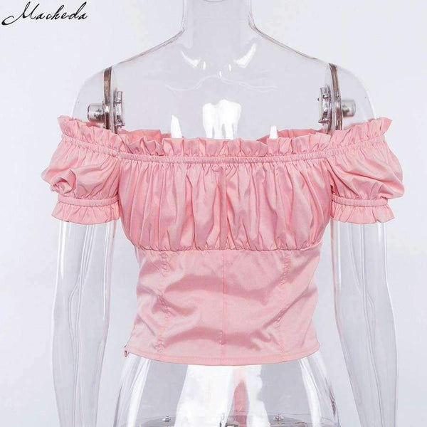 Planet Gates Pink / L Women Sexy Bare Shoulder Multi Color Choice Top Women Summer Casual Short Sleeve Women Top White Pink Red Top