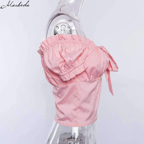 Planet Gates Pink / L Women Sexy Bare Shoulder Multi Color Choice Top Women Summer Casual Short Sleeve Women Top White Pink Red Top