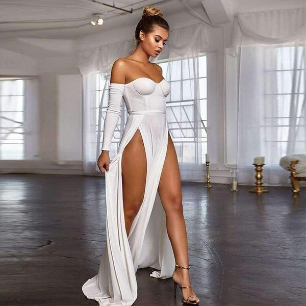 Planet Gates Pink / L Yissang High Split Sexy Dress Women Off Shoulder Autumn Maxi Long Dress 2018 White Backless Party Dresses Elegant Vestidos