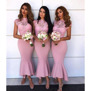 Planet Gates Pink Lace Mermaid Bridesmaid Dress 2018 New O Neck Tea Length Short Maid Of Honor Dresses Cheap Wedding Party Gowns