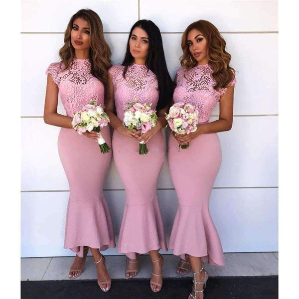 Planet Gates Pink Lace Mermaid Bridesmaid Dress 2018 New O Neck Tea Length Short Maid Of Honor Dresses Cheap Wedding Party Gowns