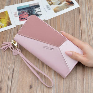 Planet Gates Pink Leather Wallets Women Long Zipper Coin Purses Tassel Design Clutch Wallets Female Money Bag Credit Card Holder