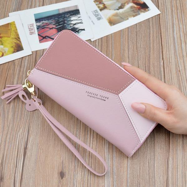 Planet Gates Pink Leather Wallets Women Long Zipper Coin Purses Tassel Design Clutch Wallets Female Money Bag Credit Card Holder