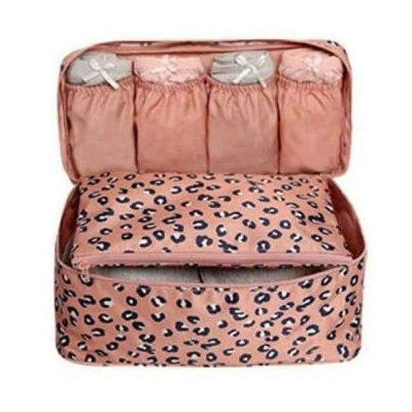 Planet Gates pink leopard Travel Stroage Bag Lady Make up cosmetic Toiletries Clothes Bra organization Weekend Overnight Underwear Accessories