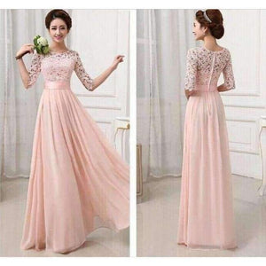 Planet Gates Pink long dress / XXL Girl Long Wedding Party Dress 2018 Women White Hollow Bridesmaid Half Sleeve Pleated Chiffon Maxi Lace Dresses New Autumn