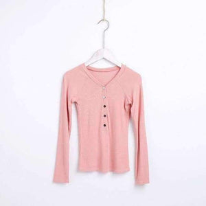Planet Gates pink / M Basic V Neck Women Cotton T-shirts Female Casual Tops Long Sleeve T-shirt Women Soft Elegant Knit Top Tees With Button