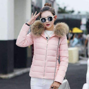 Planet Gates Pink / M Coat Autumn With Fur Collar Hooded Cotton Padded Winter Jacket Women Short Outwear Basic Jacket