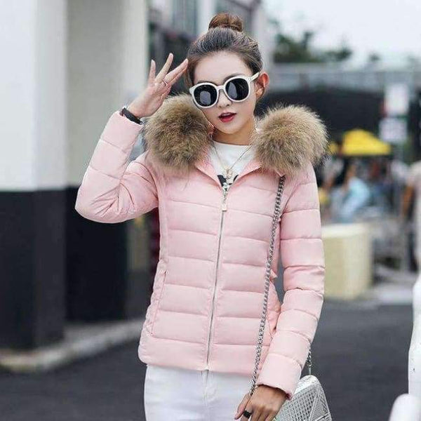 Planet Gates Pink / M Coat Autumn With Fur Collar Hooded Cotton Padded Winter Jacket Women Short Outwear Basic Jacket