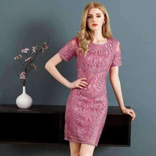 Planet Gates pink / M Dress Vestidos De Feta Women O-Neck Allover Appliques Embroidery Short Sleeve Bodycon Dark Blue Pink Dress Events Party