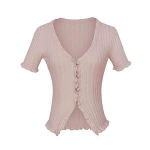 Planet Gates Pink / M Knitted Short Ruffles Sleeve Shirt Crop Top Unif Sexy Street Wear White Femme Short Sleeve funny T Shirt Summer