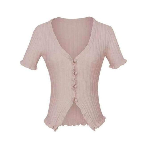 Planet Gates Pink / M Knitted Short Ruffles Sleeve Shirt Crop Top Unif Sexy Street Wear White Femme Short Sleeve funny T Shirt Summer