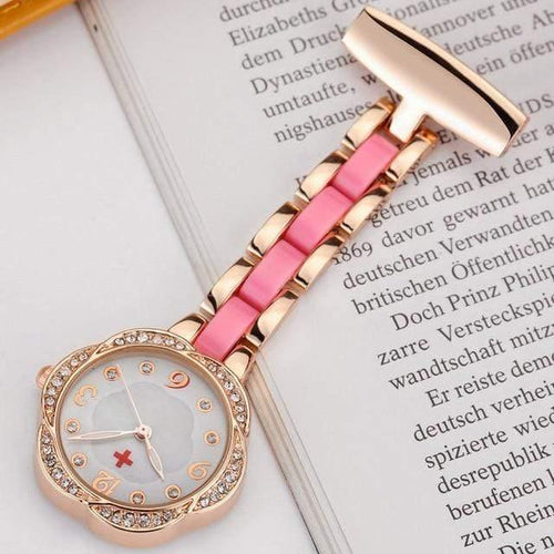Planet Gates pink Medical Nurse Fob Watch For Doctors Gift Women Clip-on Stainless-Steel Pocket Watch Pendant Crystal Flower