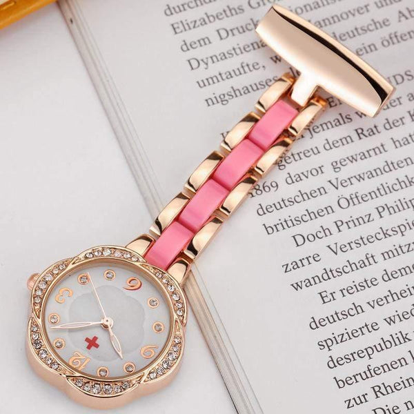 Planet Gates pink Medical Nurse Fob Watch For Doctors Gift Women Clip-on Stainless-Steel Pocket Watch Pendant Crystal Flower