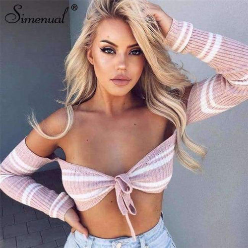 Planet Gates pink / One Size Autumn crop top long sleeve t-shirt female sexy hot body off the shoulder tops for women front bow tie tee shirt