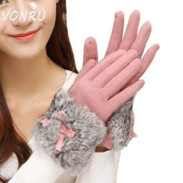 Planet Gates Pink / one size Autumn Winter Ladies Cashmere Gloves Female Bow Tie Rabbit Fur Wool Mitten Gloves Sweet Elegant All Match Women Grey Gloves