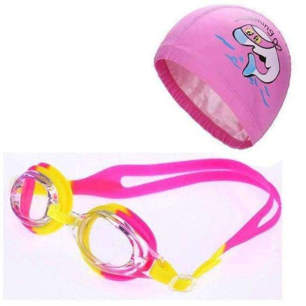 Planet Gates Pink / One Size Children Anti Fog UV Protection Waterproof Silicone Swimming Goggles Glasses Eyewear & PU Fabric Dolphin Swim Cap Hat Set