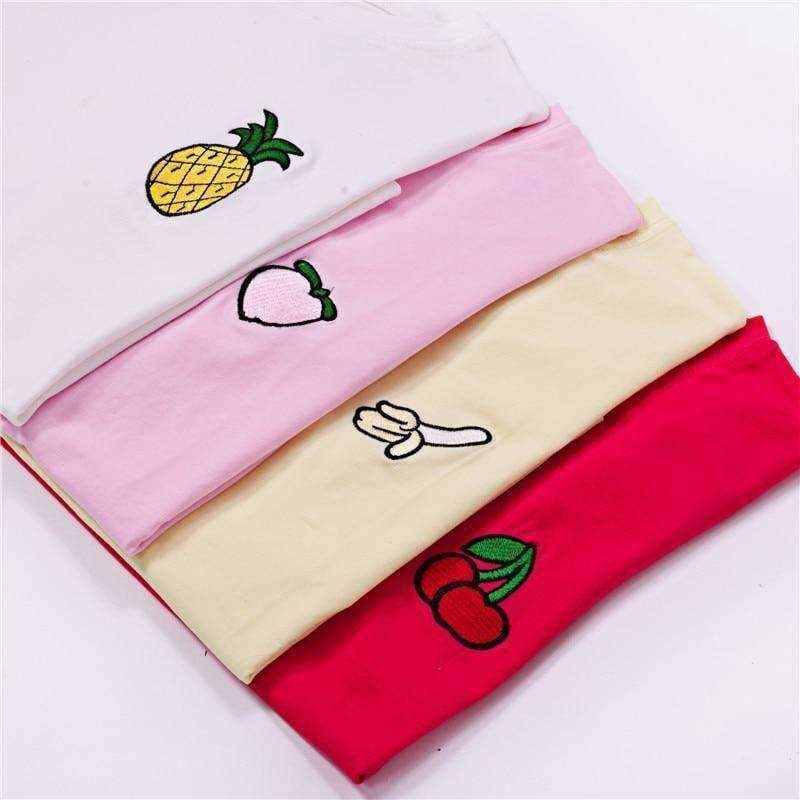 Planet Gates Pink / One Size Embroidered Top 2018 Summer T Shirt Women Tops Peach Pineapple Banana Cherry Fruit Short-sleeved T-shirt Loose T Shirts