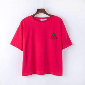 Planet Gates Pink / One Size Embroidered Top 2018 Summer T Shirt Women Tops Peach Pineapple Banana Cherry Fruit Short-sleeved T-shirt Loose T Shirts