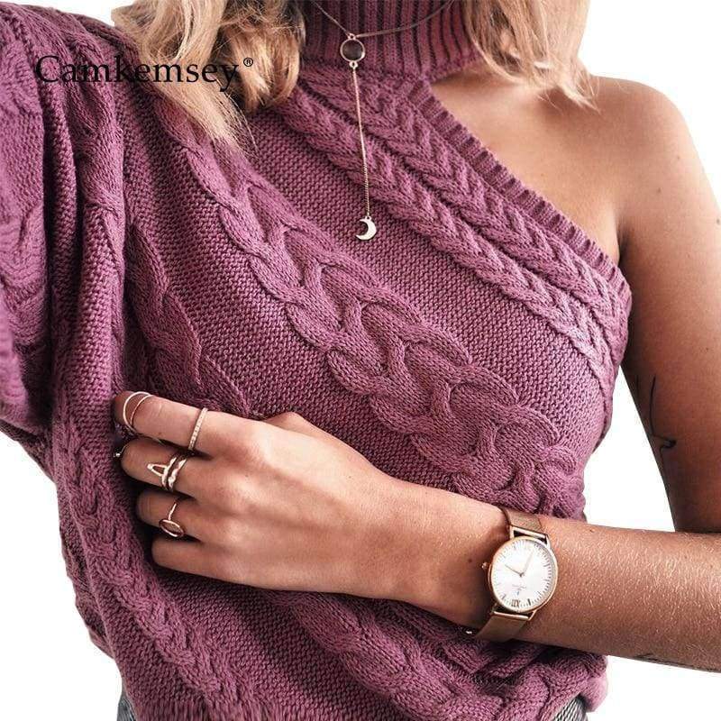 Planet Gates Pink / One Size Sexy Off One Shoulder Turtleneck Sweater Women Elegant Twist Long Sleeve Winter Sweaters And Pullovers Pull Femme