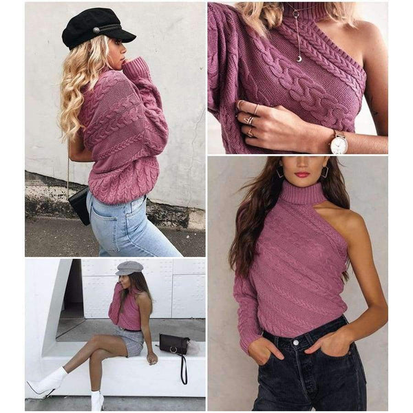 Planet Gates Pink / One Size Sexy Off One Shoulder Turtleneck Sweater Women Elegant Twist Long Sleeve Winter Sweaters And Pullovers Pull Femme