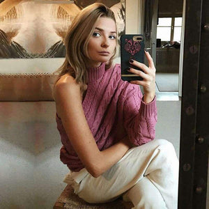 Planet Gates Pink / One Size Sexy Off One Shoulder Turtleneck Sweater Women Elegant Twist Long Sleeve Winter Sweaters And Pullovers Pull Femme