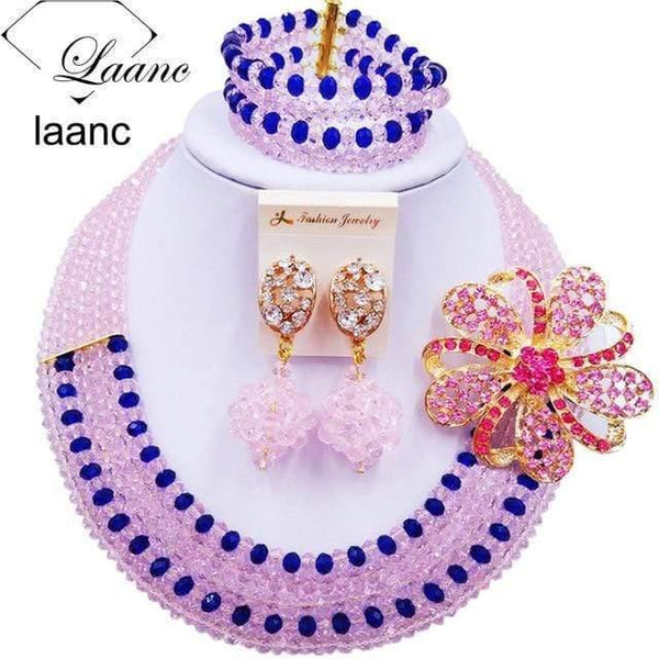 Planet Gates Pink Royal Blue Wine Gold AB Crystal Nigerian Necklace African Beads Wedding Jewelry Sets for Women C5RST003