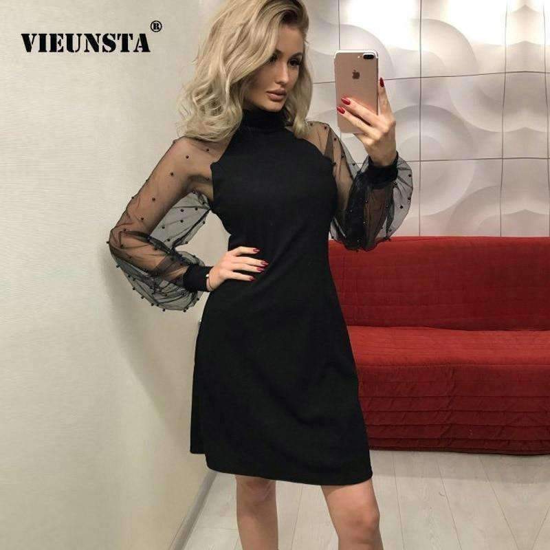 Planet Gates Pink / S Autumn Applique Contrast Mesh Sleeve Form Fitting A Line Party Dress Elegant Women Dress Long Sleeve Solid Mini Dresses
