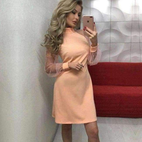 Planet Gates Pink / S Autumn Applique Contrast Mesh Sleeve Form Fitting A Line Party Dress Elegant Women Dress Long Sleeve Solid Mini Dresses