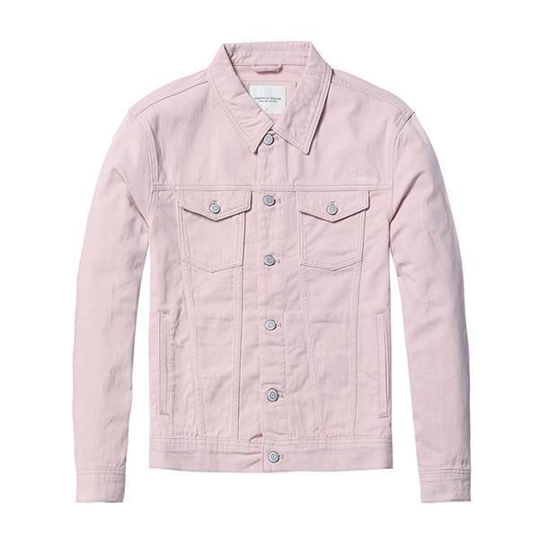 Planet Gates pink / S Denim Jacket Men Fashion 100% Cotton Trucker Jackets Slim Fit Embroidery Chest Pocket 4 Colors