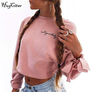 Planet Gates Pink / S Hugcitar letters embroidery Sweatshirt 2017 autumn female Long Sleeve Women crop top pink white solid girl casual Pullover