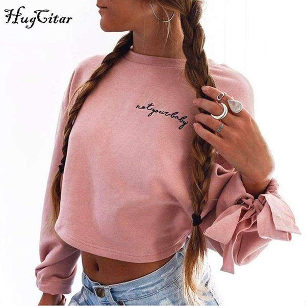 Planet Gates Pink / S Hugcitar letters embroidery Sweatshirt 2017 autumn female Long Sleeve Women crop top pink white solid girl casual Pullover