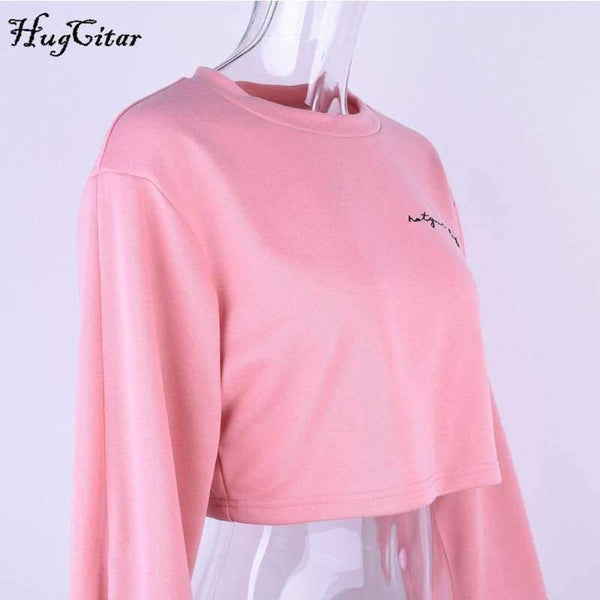 Planet Gates Pink / S Hugcitar letters embroidery Sweatshirt 2017 autumn female Long Sleeve Women crop top pink white solid girl casual Pullover