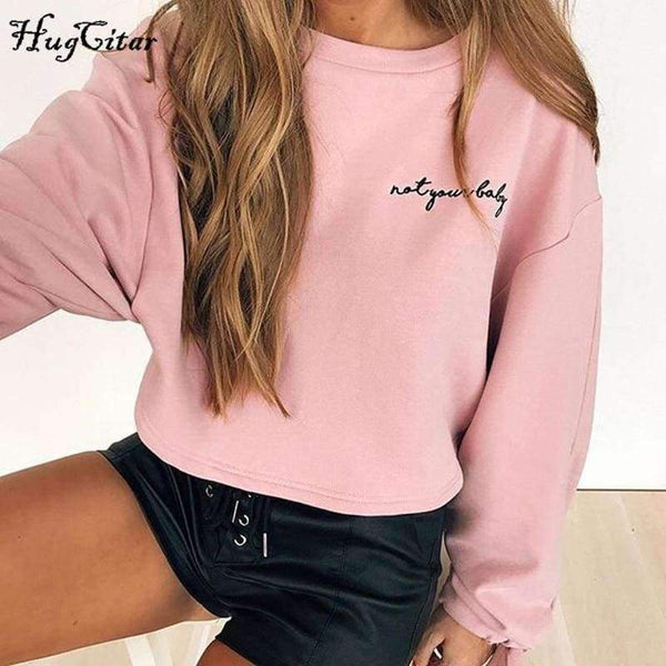 Planet Gates Pink / S Hugcitar letters embroidery Sweatshirt 2017 autumn female Long Sleeve Women crop top pink white solid girl casual Pullover