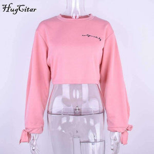 Planet Gates Pink / S Hugcitar letters embroidery Sweatshirt 2017 autumn female Long Sleeve Women crop top pink white solid girl casual Pullover