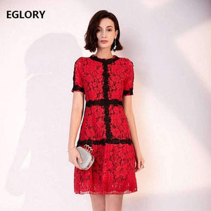 Planet Gates pink / S Lace Dress 2018 Summer Party Event Ladies O-Neck Red Pink Lace Color Block Short Sleeve Slim Fitted Dress Beautis