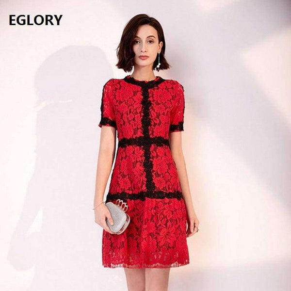 Planet Gates pink / S Lace Dress 2018 Summer Party Event Ladies O-Neck Red Pink Lace Color Block Short Sleeve Slim Fitted Dress Beautis