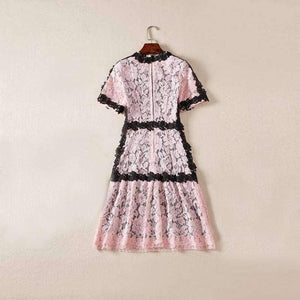 Planet Gates pink / S Lace Dress 2018 Summer Party Event Ladies O-Neck Red Pink Lace Color Block Short Sleeve Slim Fitted Dress Beautis