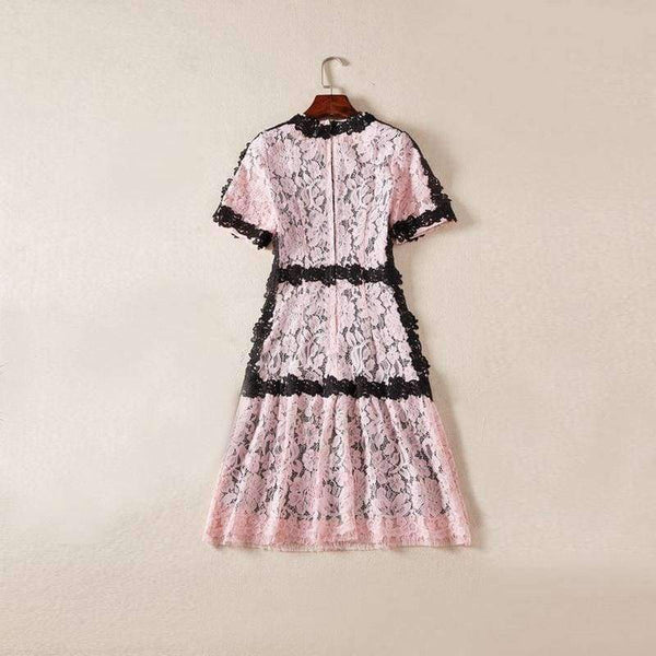 Planet Gates pink / S Lace Dress 2018 Summer Party Event Ladies O-Neck Red Pink Lace Color Block Short Sleeve Slim Fitted Dress Beautis