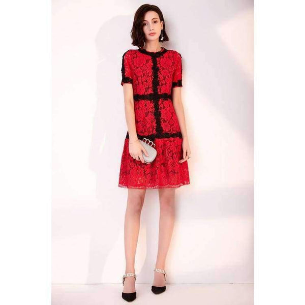 Planet Gates pink / S Lace Dress 2018 Summer Party Event Ladies O-Neck Red Pink Lace Color Block Short Sleeve Slim Fitted Dress Beautis