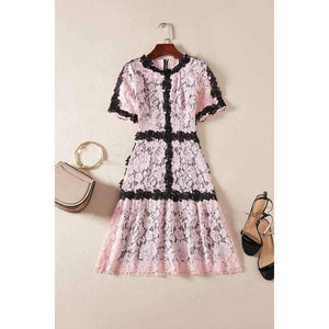 Planet Gates pink / S Lace Dress 2018 Summer Party Event Ladies O-Neck Red Pink Lace Color Block Short Sleeve Slim Fitted Dress Beautis