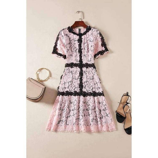 Planet Gates pink / S Lace Dress 2018 Summer Party Event Ladies O-Neck Red Pink Lace Color Block Short Sleeve Slim Fitted Dress Beautis