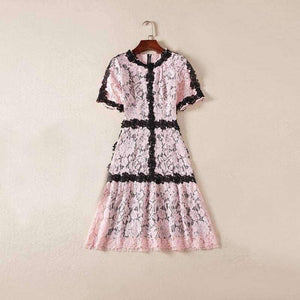 Planet Gates pink / S Lace Dress 2018 Summer Party Event Ladies O-Neck Red Pink Lace Color Block Short Sleeve Slim Fitted Dress Beautis